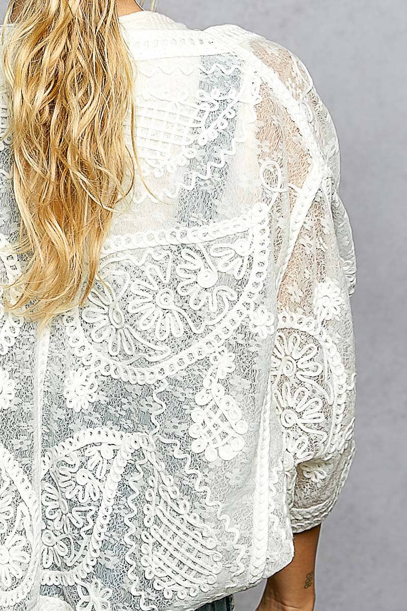 Pol Clothing - Floral Embroidery Crochet Half Batwing Sleeve Cardigan