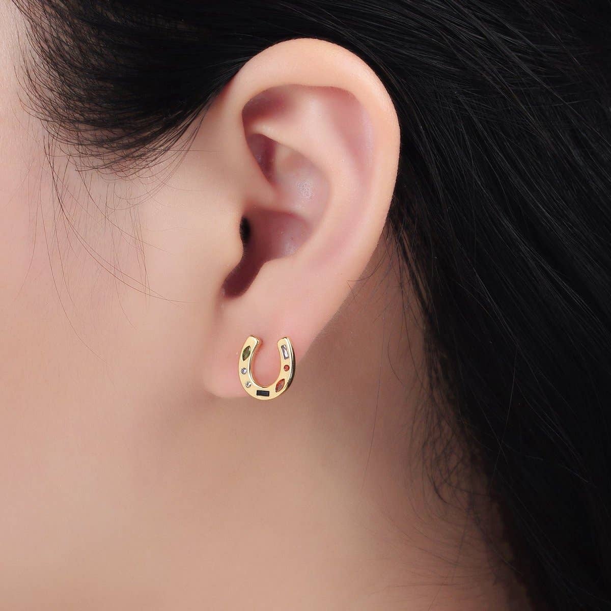 Aim Eternal - 16K Gold Filled Multicolor CZ Horseshoe Stud Earrings | AD604