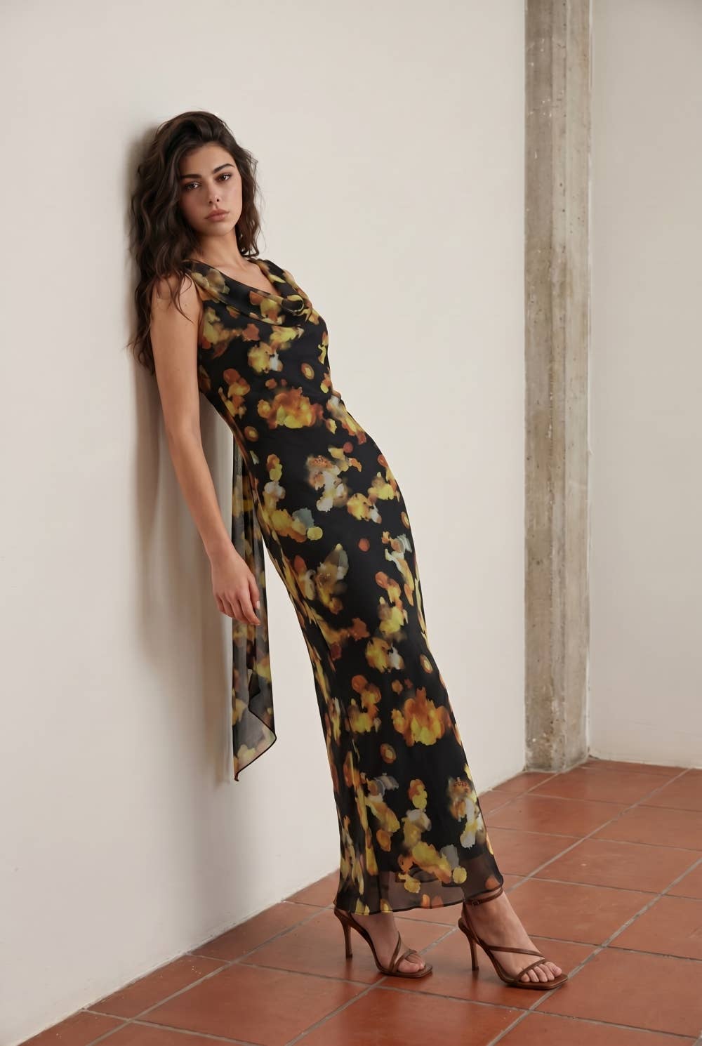 Edit by Nine - Cowl Neck Maxi Slip Dress with Cascading Shoulder Sash