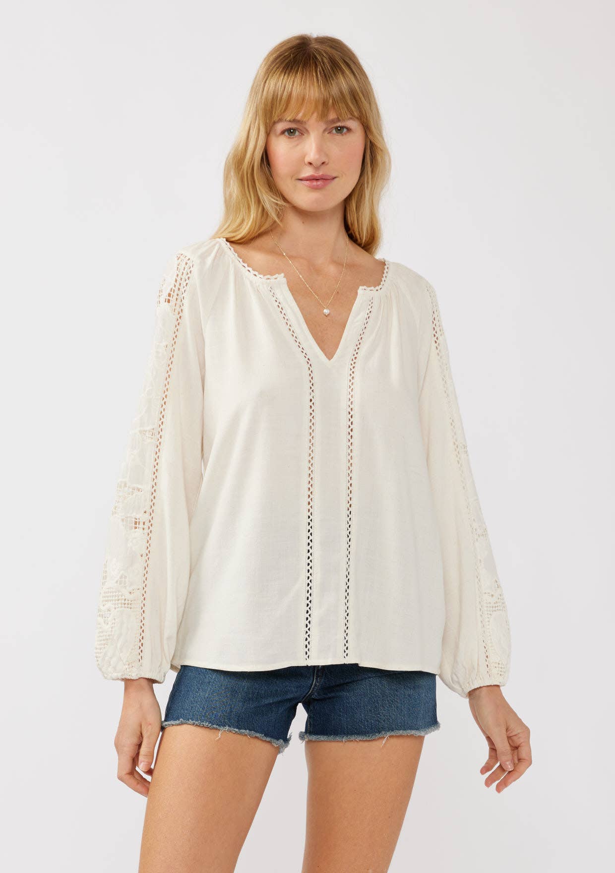 Lovestitch - Embroidered Lace Trim Split Neck Blouse
