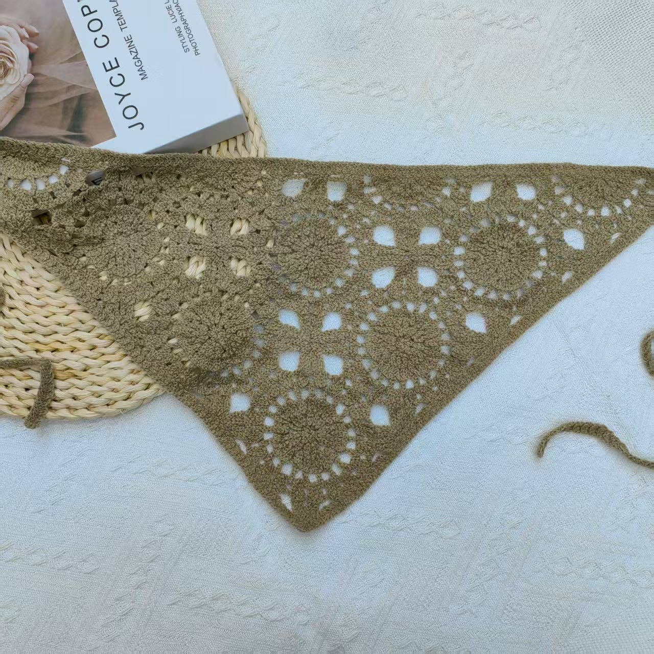 Solid Color Hollow Out Knit Triangle Headscarf