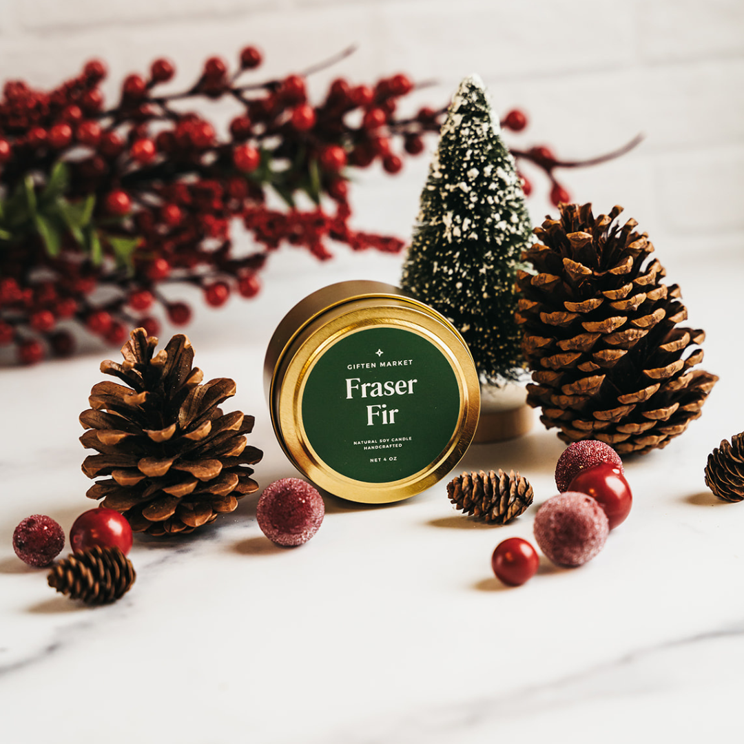 Giften Market - Fraser Fir Soy Candle - 4 oz Gold Travel Tin - Holiday Scent