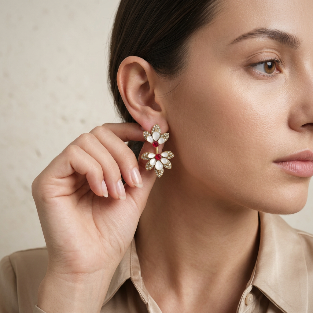 GirlyPirateCo - Vintage Gold Plated Shell&Red Crystal Flower Dangle Earrings