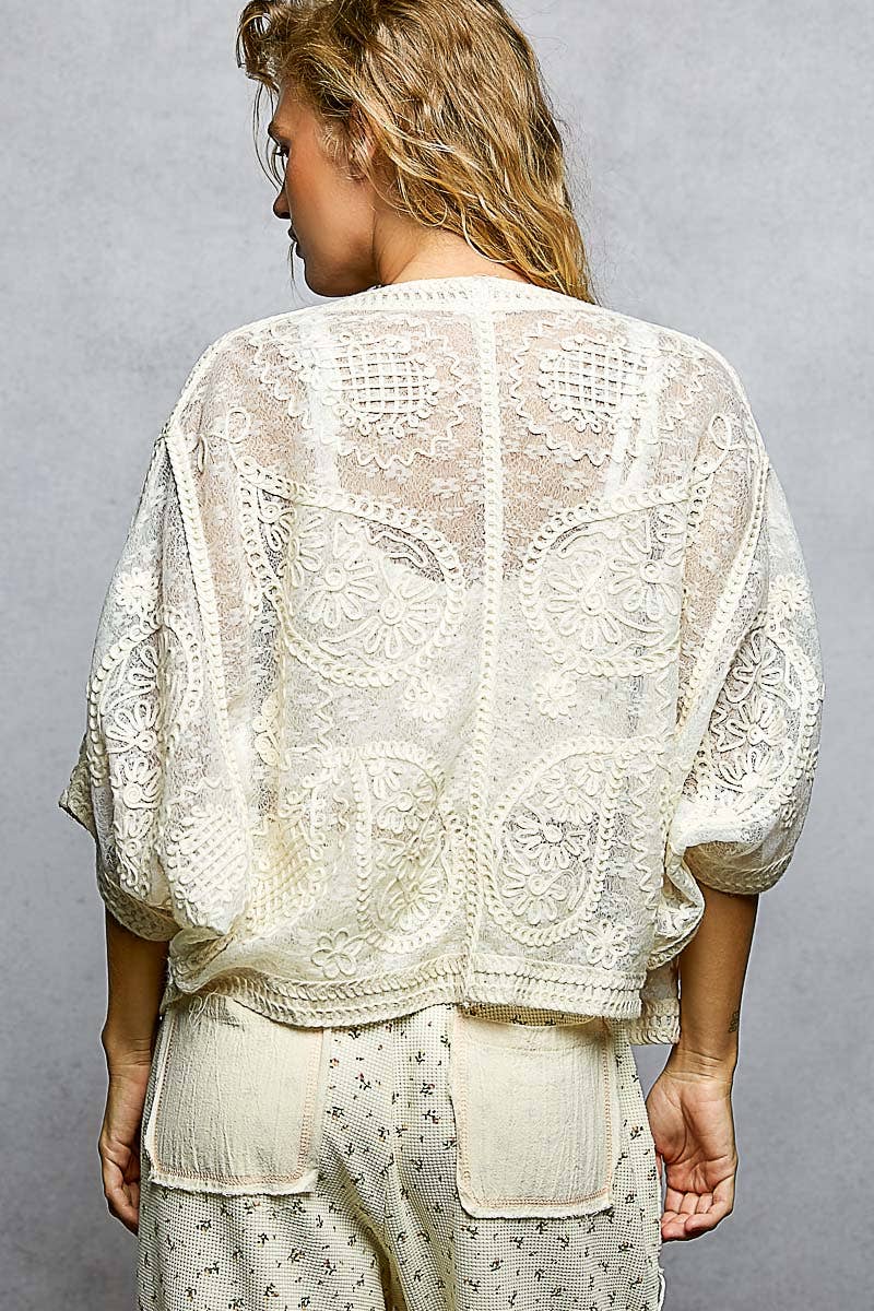Pol Clothing - Floral Embroidery Crochet Half Batwing Sleeve Cardigan