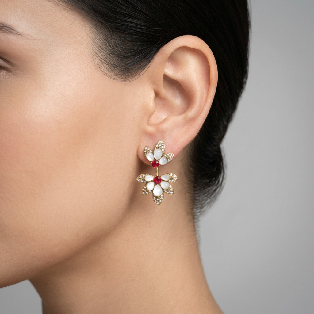 GirlyPirateCo - Vintage Gold Plated Shell&Red Crystal Flower Dangle Earrings