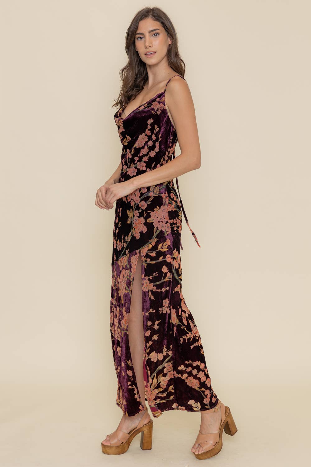 Fore Collection - COWL NECKLINE VELVET FLORAL MAXI DRESS-DI9249FO
