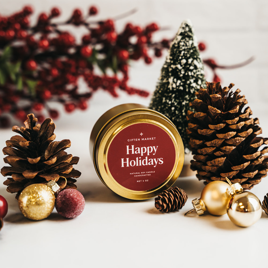 Giften Market - Happy Holidays Soy Candle - 4 oz Gold Travel Tin - Stockings