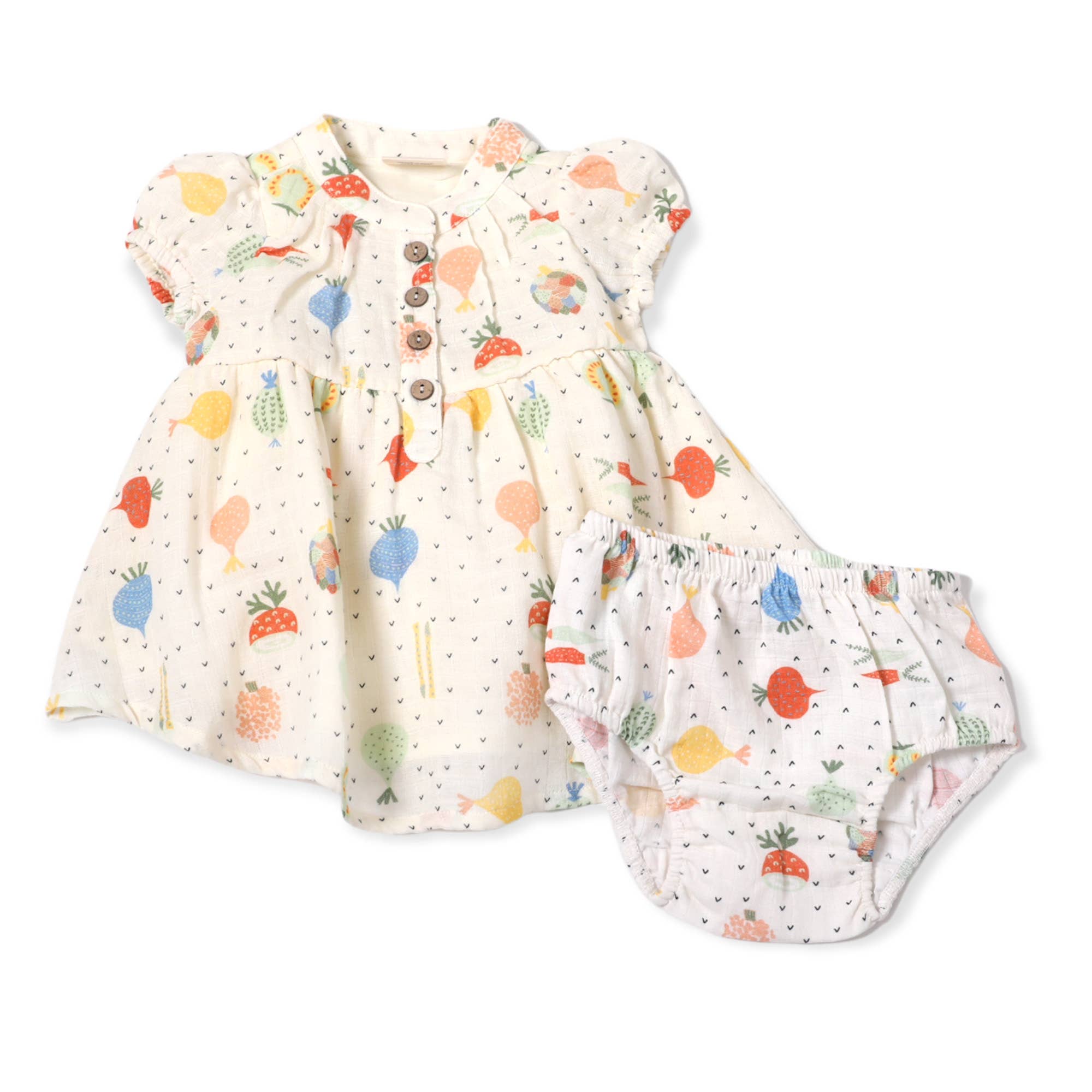 Viverano Organics - Veggie Puff Sleeve Muslin Baby Dress+Bloomer -Organic Muslin