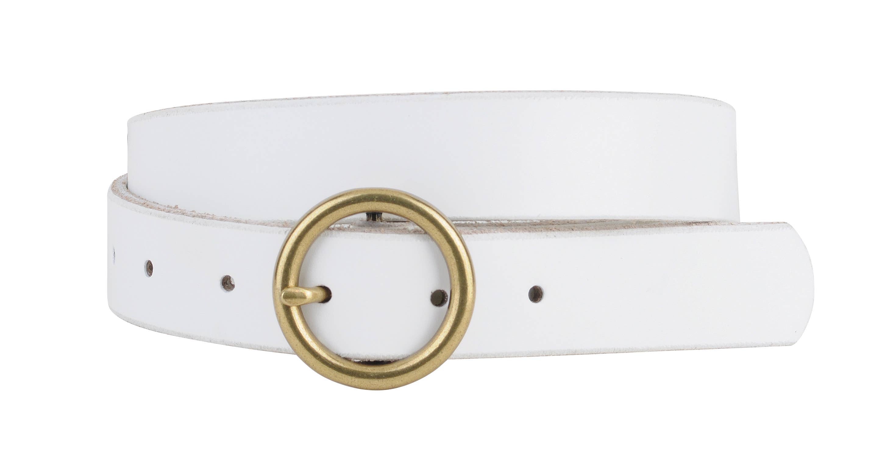 Skinny Brass-Toned Circle Buckle Leather Belt