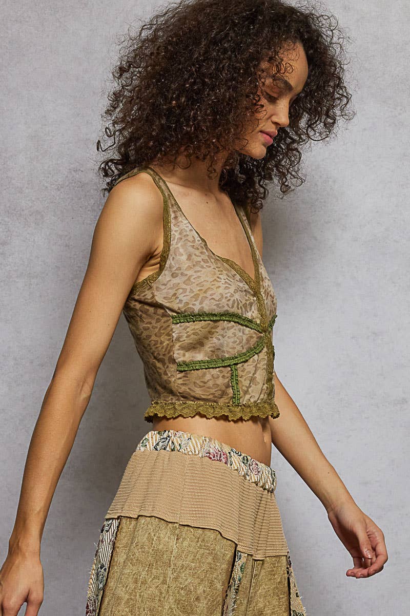 Pol Clothing - V Neck Sleeveless Ruffle Leopard Printed Knit Top