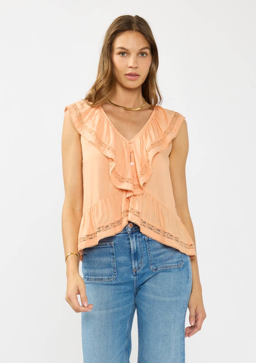 Lovestitch - V-neck Ruffle Sleeve Top with Lace Inserts & Shirred Hem