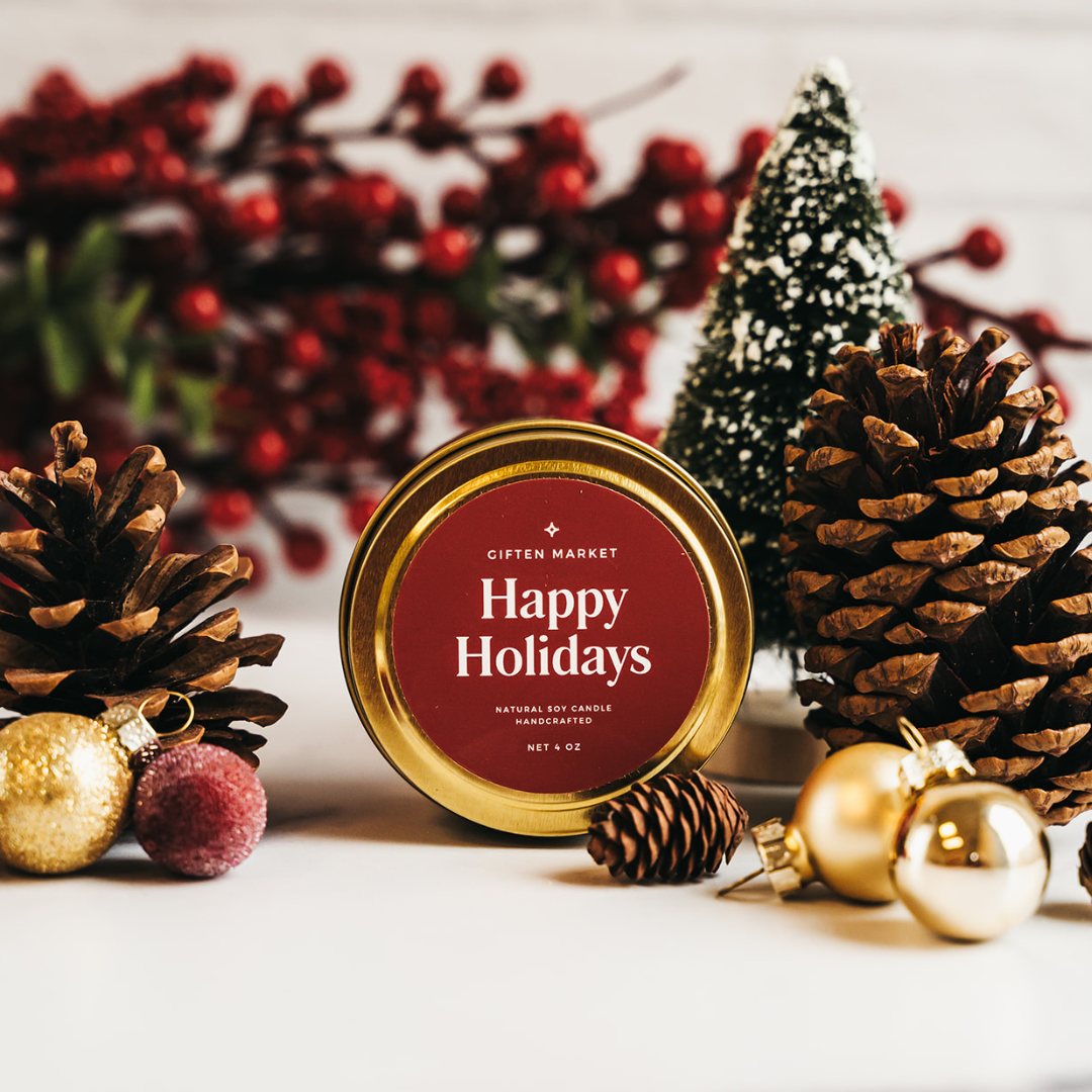 Giften Market - Happy Holidays Soy Candle - 4 oz Gold Travel Tin - Stockings