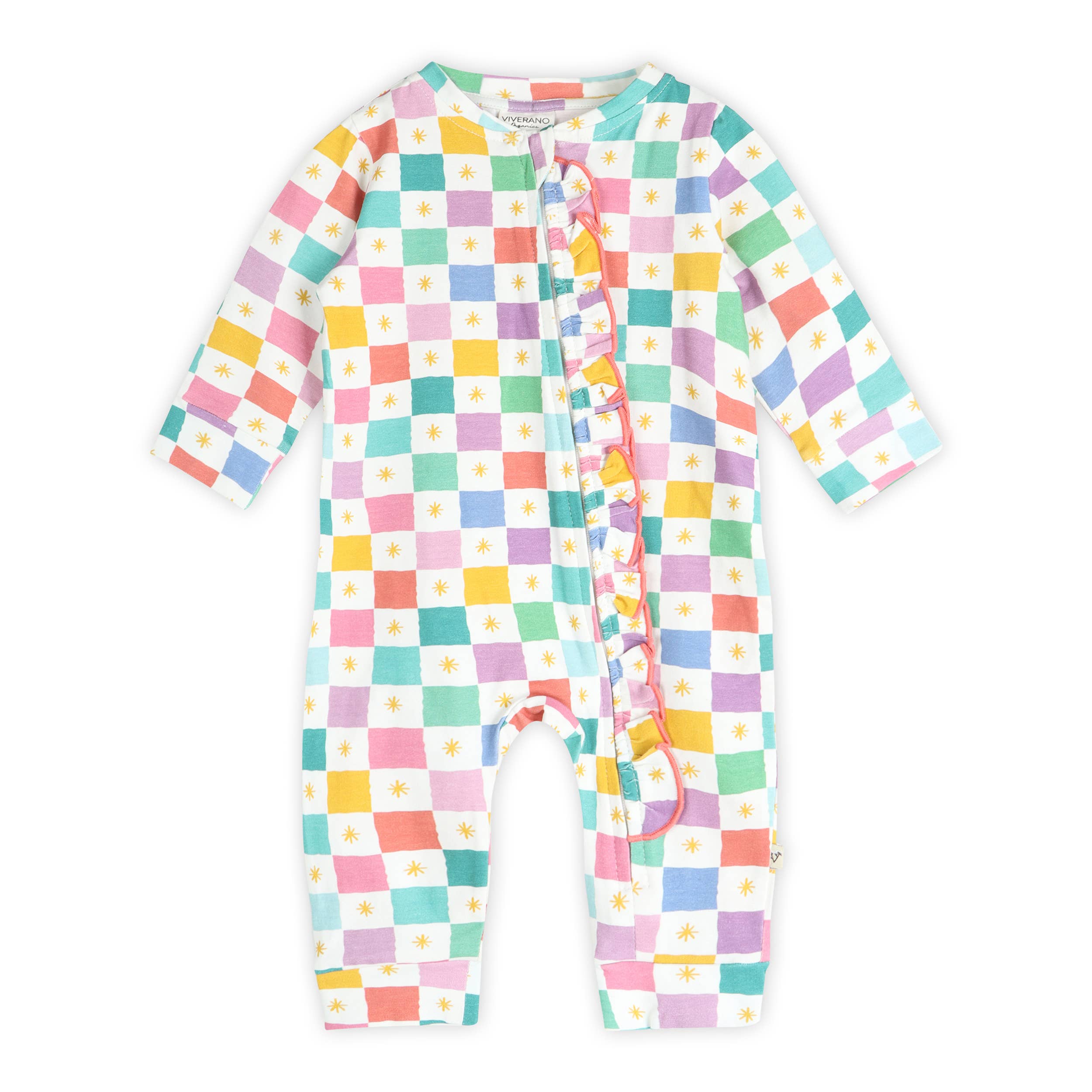Viverano Organics - Colorful Checks Ruffle Baby Zip Jumpsuit (Organic Jersey)