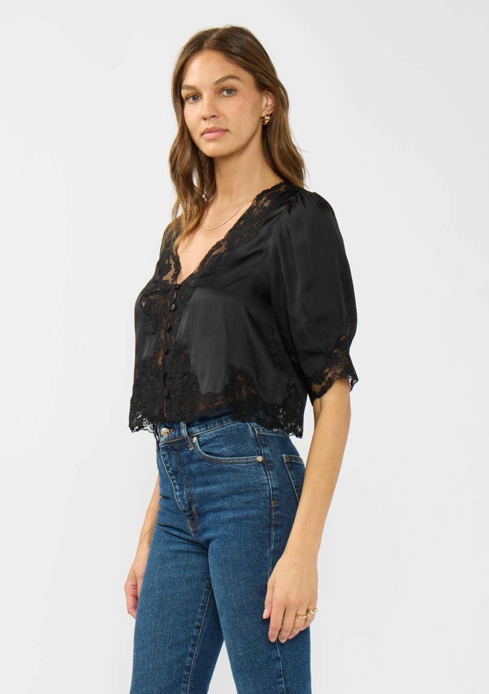 Lovestitch - V-Neck Button Front Blouse with Lace Trim