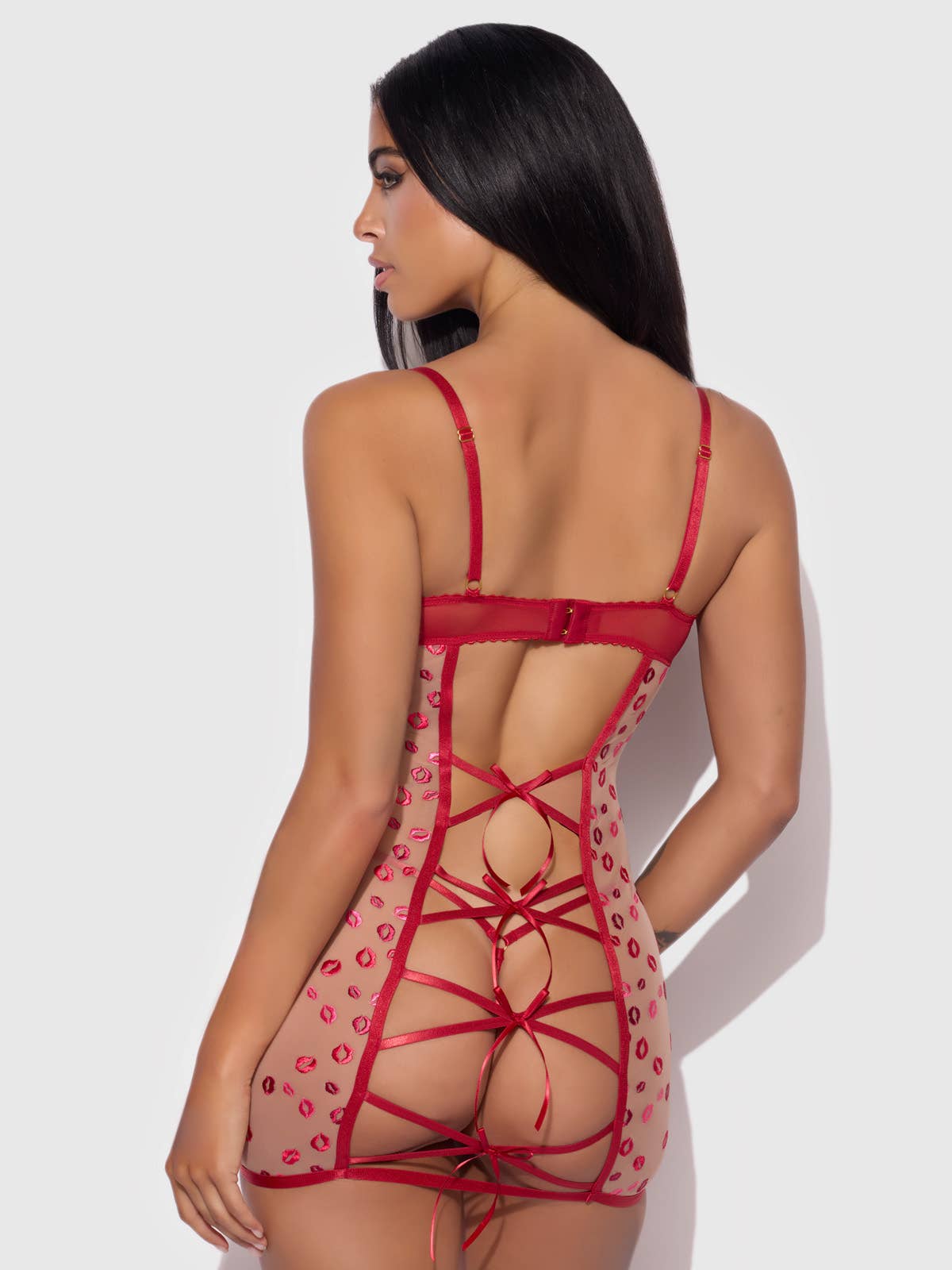 House of Desire - ANGELINA LIPS EMBROIDERY BOW BACK CHEMISE SET