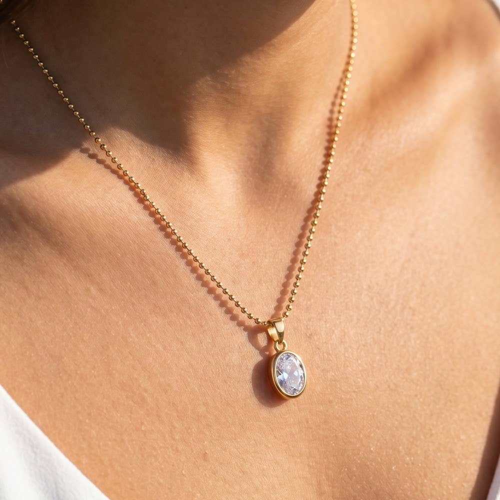 Fame Accessories - Gold Dipped Cz Oval Bezel Pendant Ball Chain Necklace