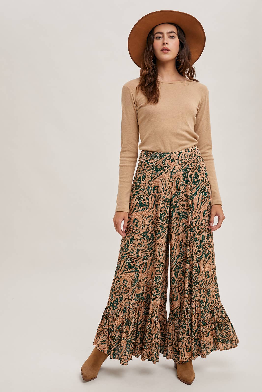 Bluivy - PAISLEY PRINT WIDE RUFFLED PANTS