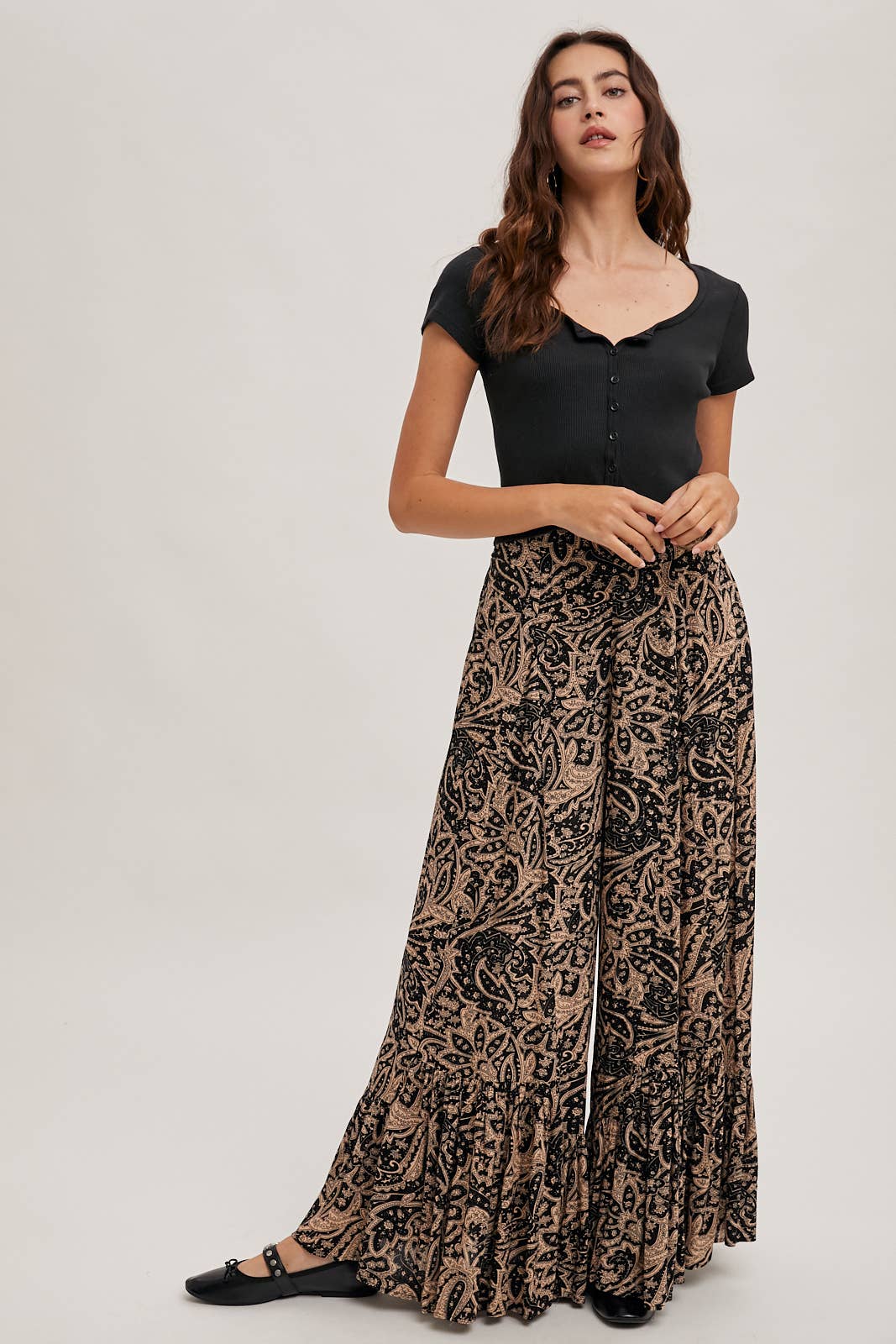 Bluivy - PAISLEY PRINT WIDE RUFFLED PANTS