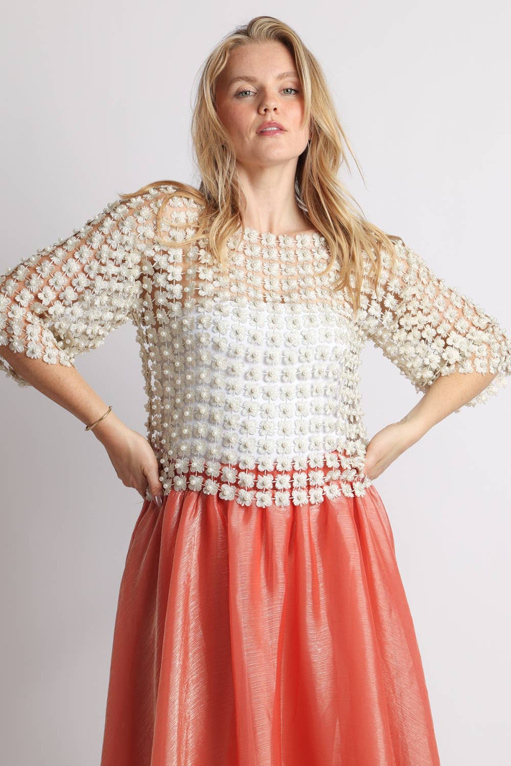 Beulah Style - Floral Guipure Pearl-Embellished Overlay Top