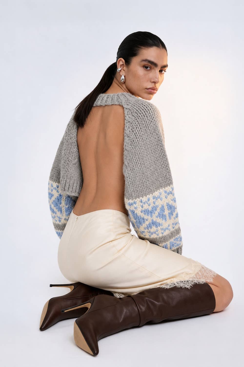 Beulah Style - Intarsia Knit Open-Back Cropped Sweater
