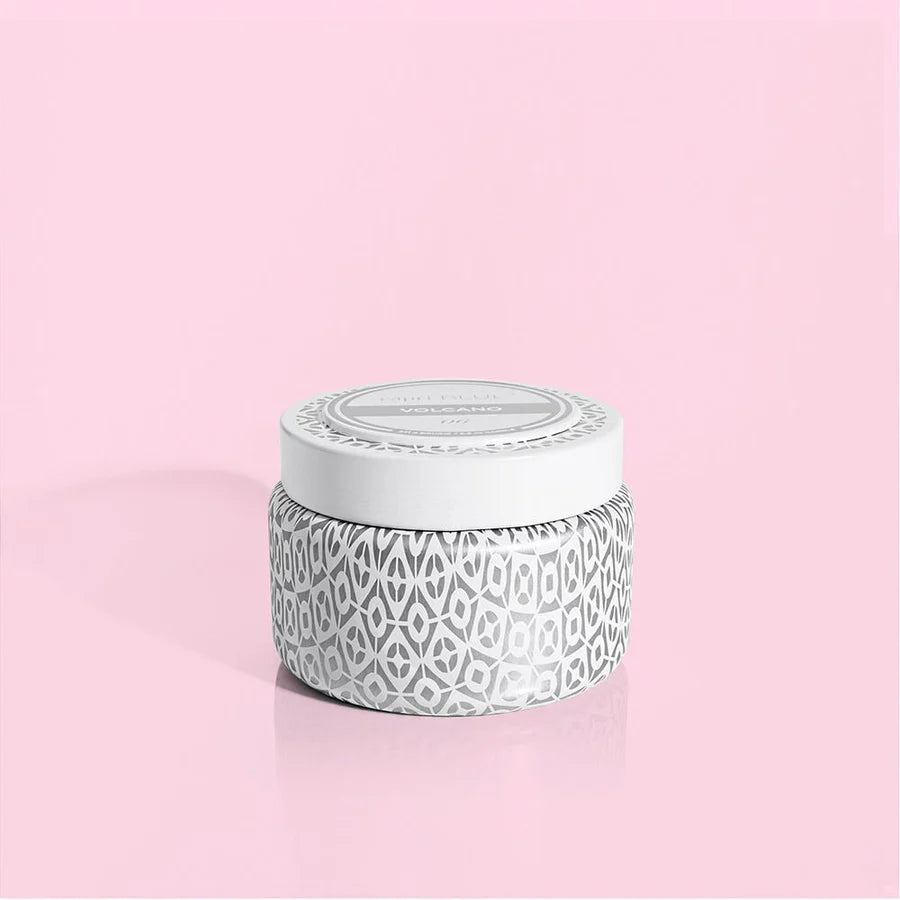 Volcano White Printed Travel Tin Candle, 8.5 oz