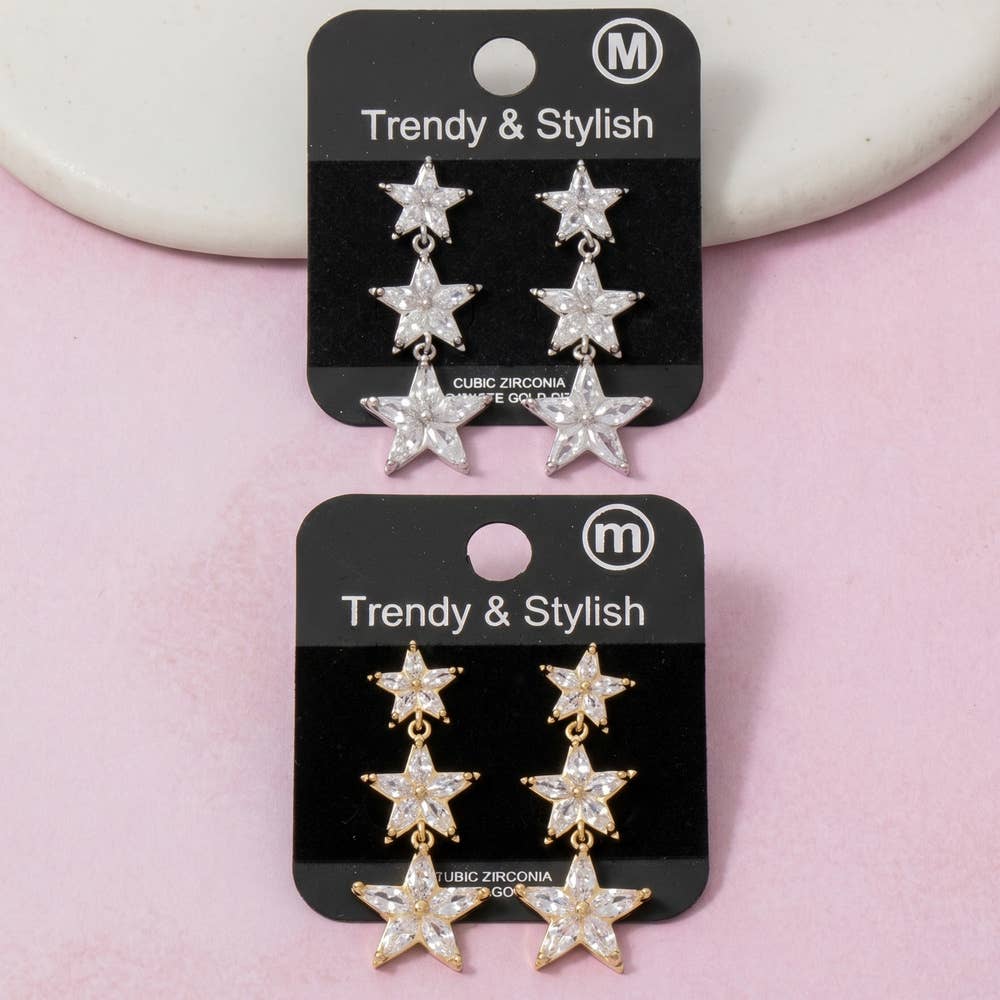 Fame Accessories - Triple Star Cz Drop Earrings