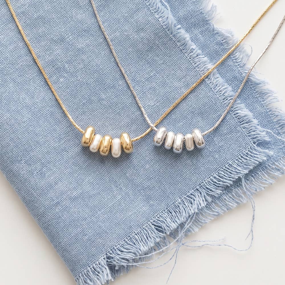Fame Accessories - Dainty Chain Metallic Bead And Pearl Charms Necklace