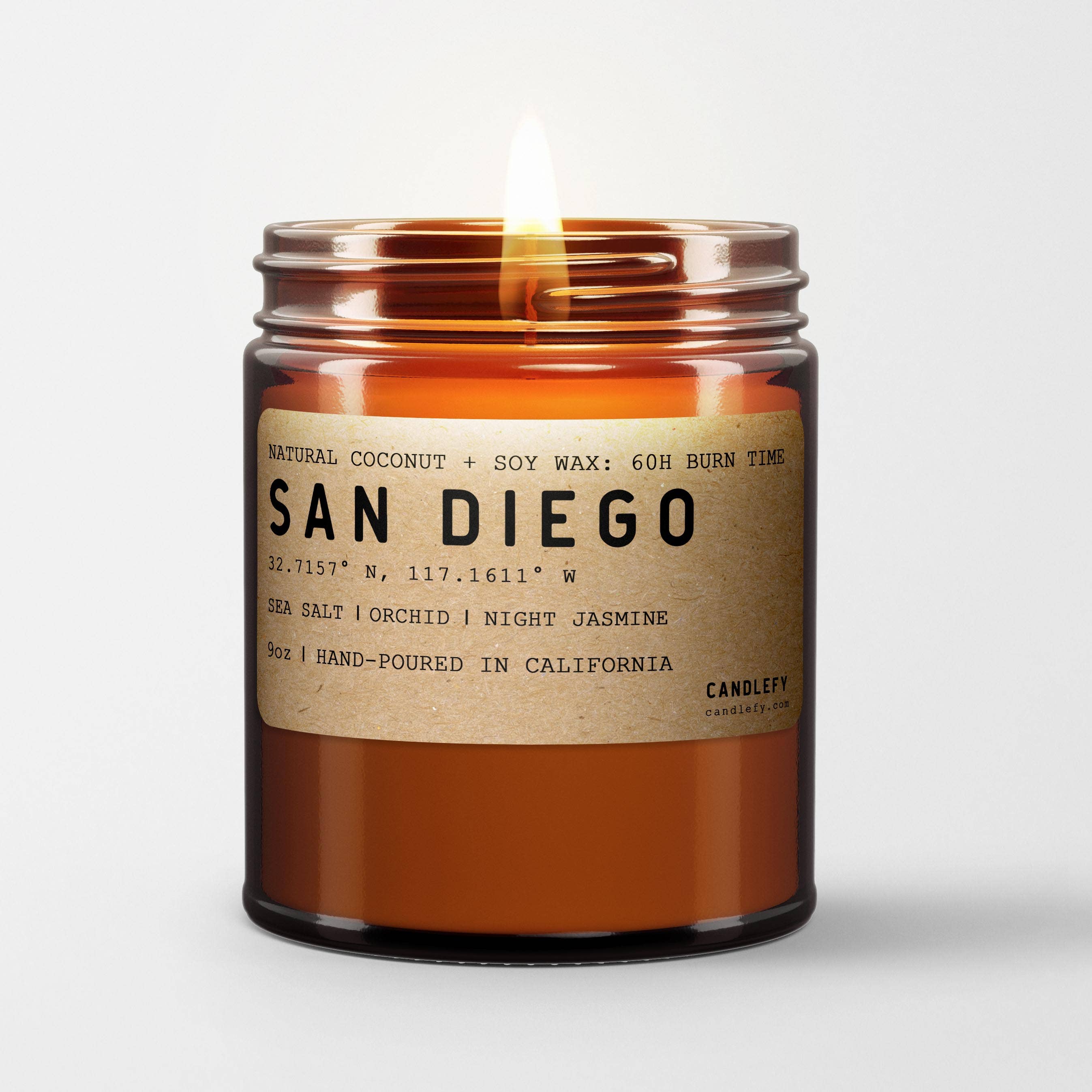 Candlefy - San Diego California Scented Candle, Amber Glass Natural Wax