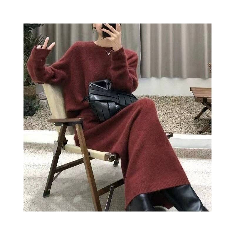 Sheer Trend - Solid Color Straight Skirt Sweater Two Piece Set