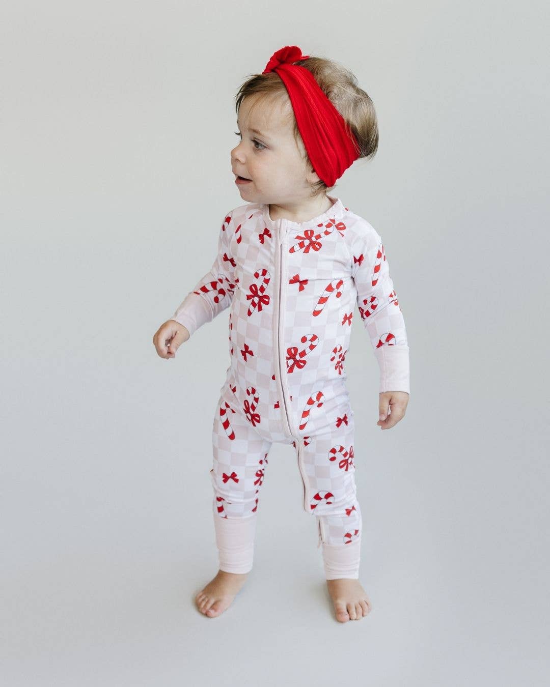 Christmas Baby Bamboo Clothes Zip Romper | Bows & Candy Cane