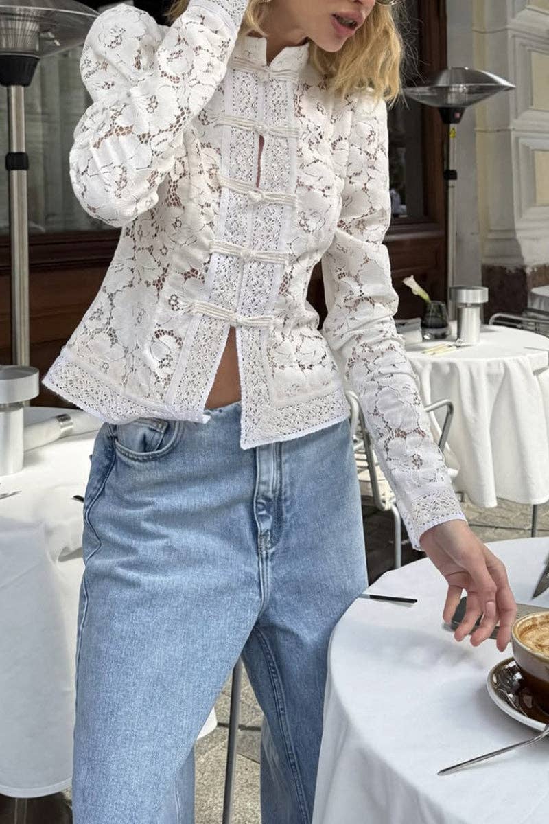 Soli Echo - Elegant Lace Mandarin Collar Blouse