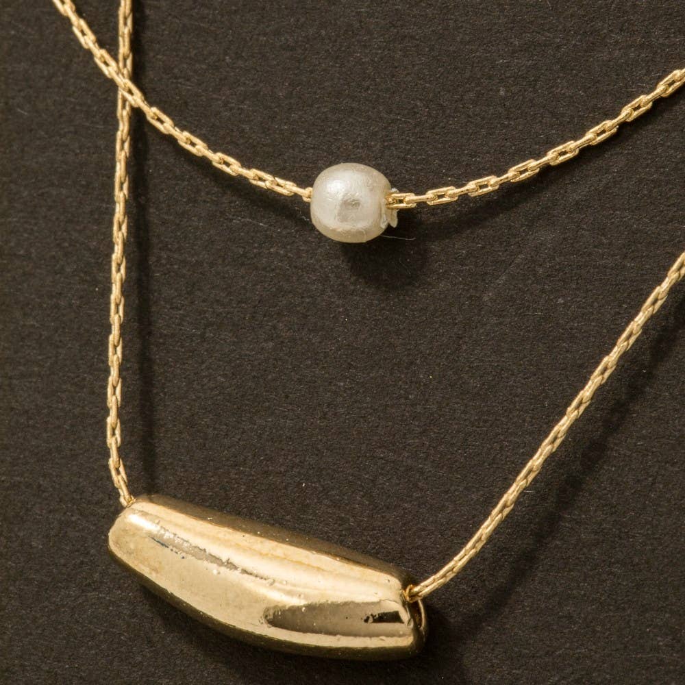Fame Accessories - Layered Chain Pearl Bead Pendant Necklace