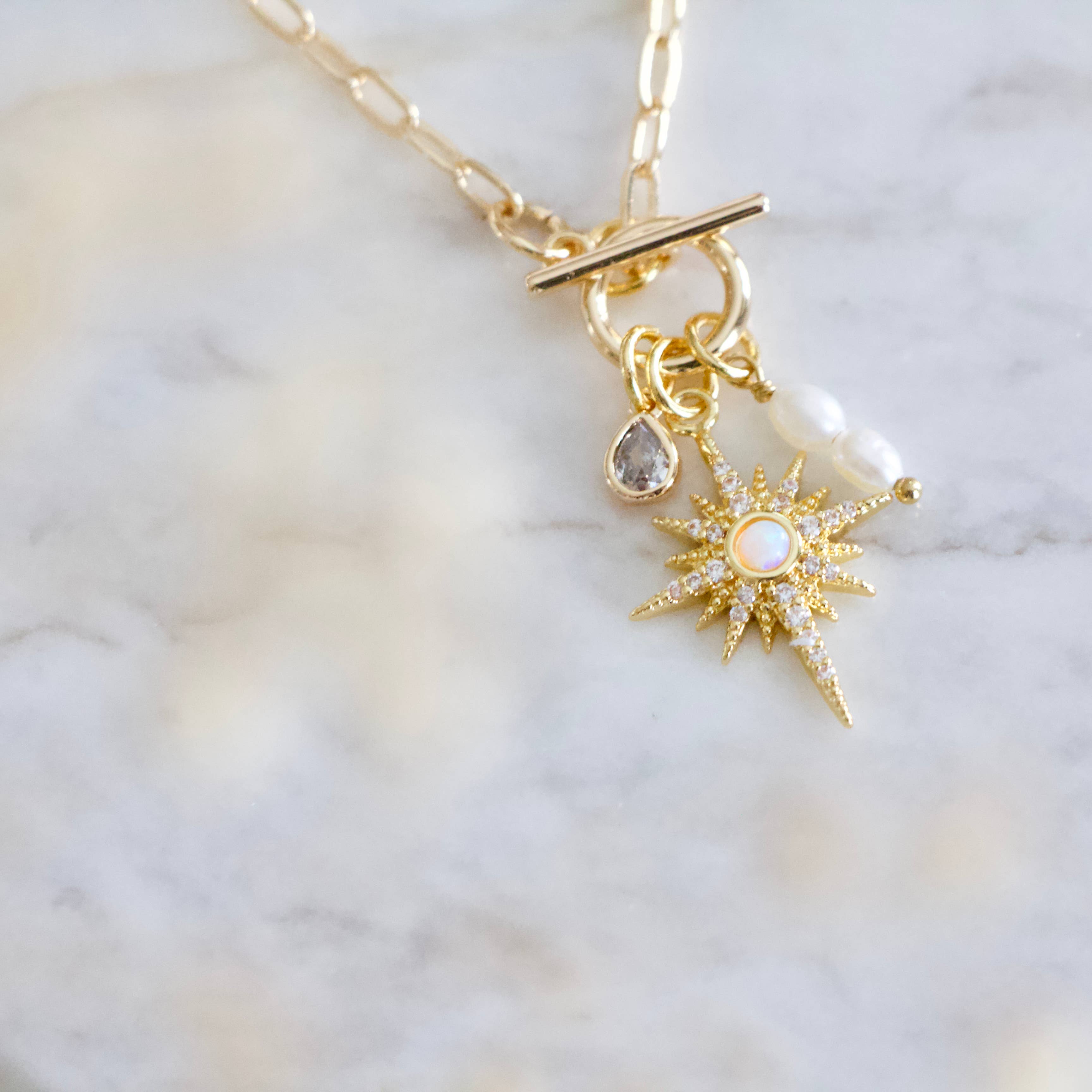 Mesa Blue - CZ, Opal Star, Freshwater Pearl,Charm Toggle Necklace