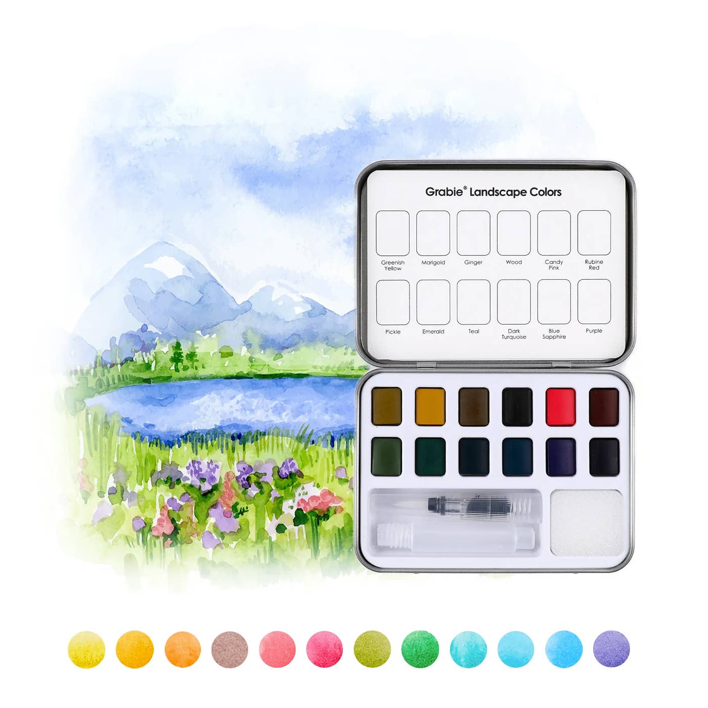 Grabie - Watercolor Pocket Set Of 12 With Brush - Landscape Colors