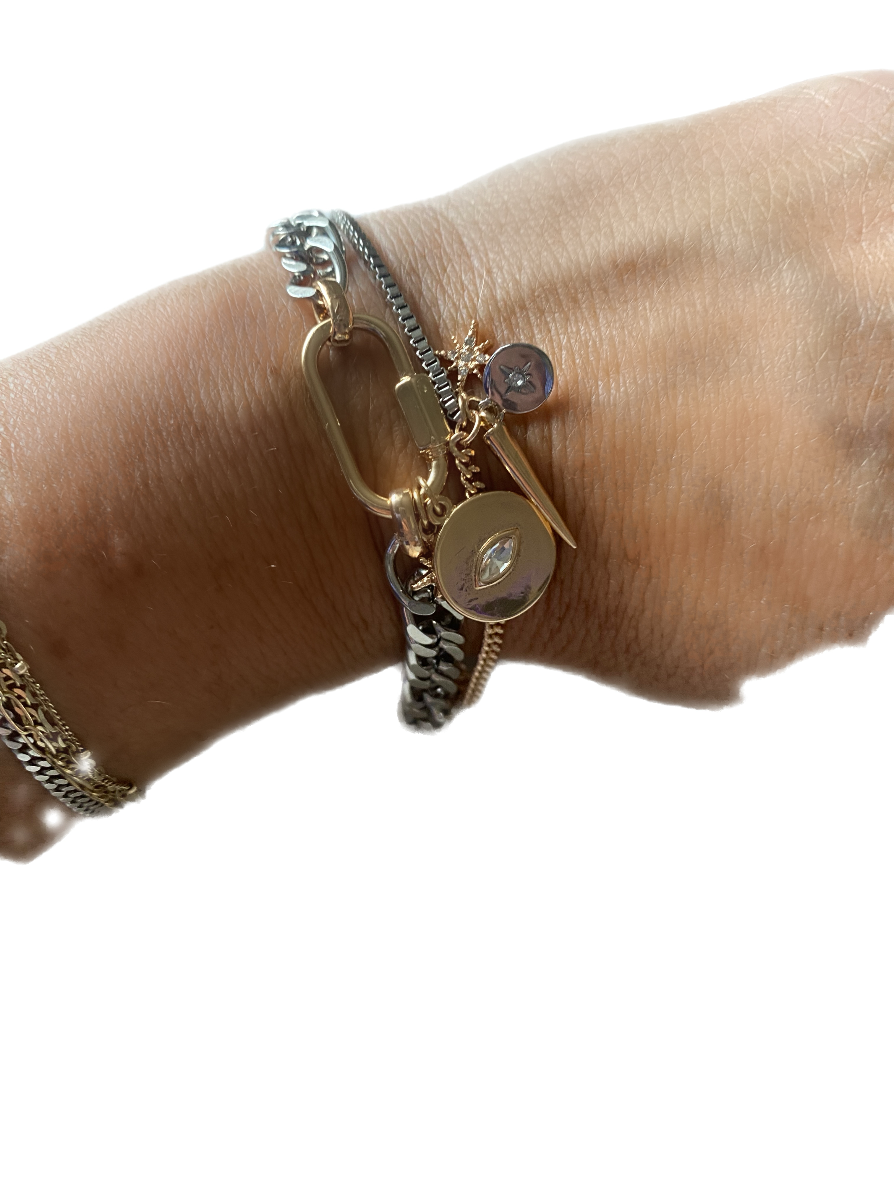 HoopLa - Horn & Evil Eye Carabiner, Multi Chain, Charm Bracelet Steel