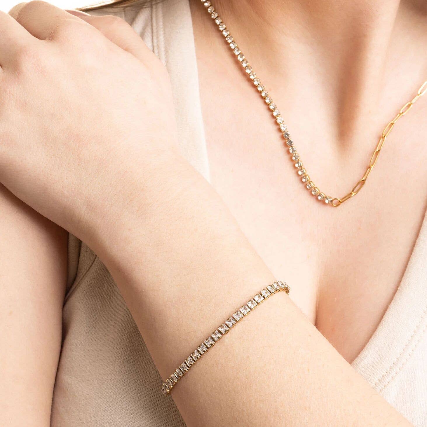 WJW - Emerald Cut Cubic Zirconia Stone Tennis Chain Bracelet