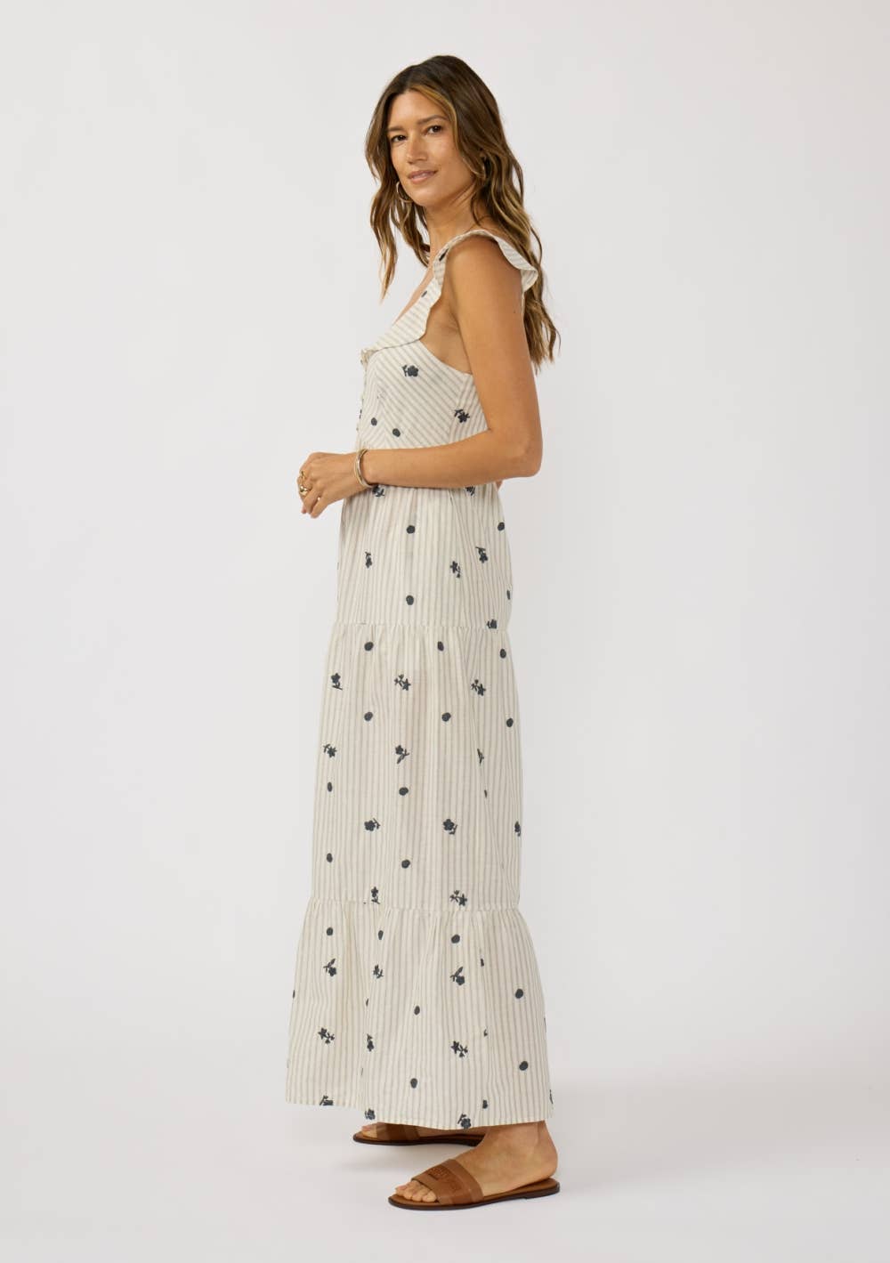 Lovestitch - Embroidered Stripe Button Down Tiered Maxi Dress