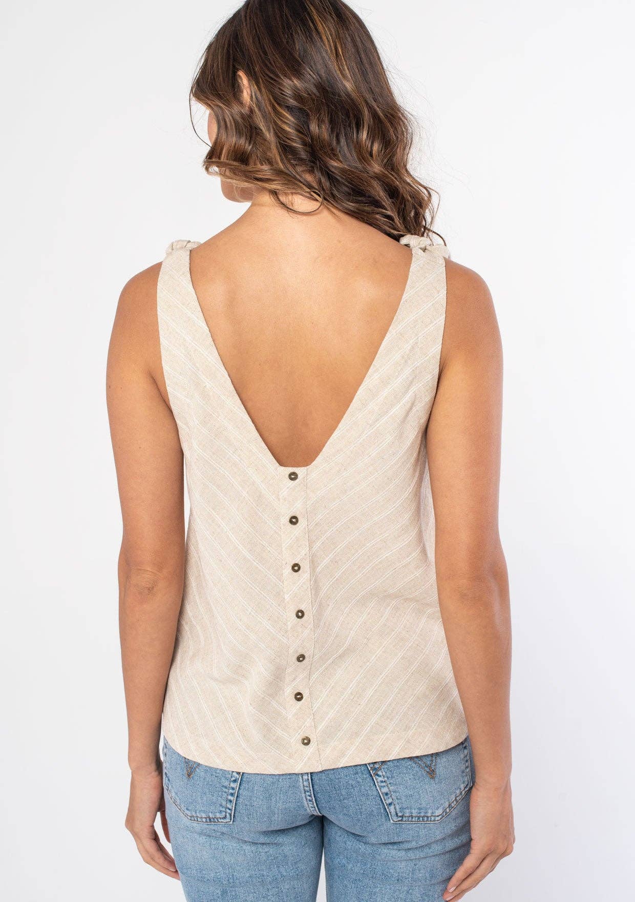 Lovestitch - Linen Blend Striped Tie Shoulder Tank Top