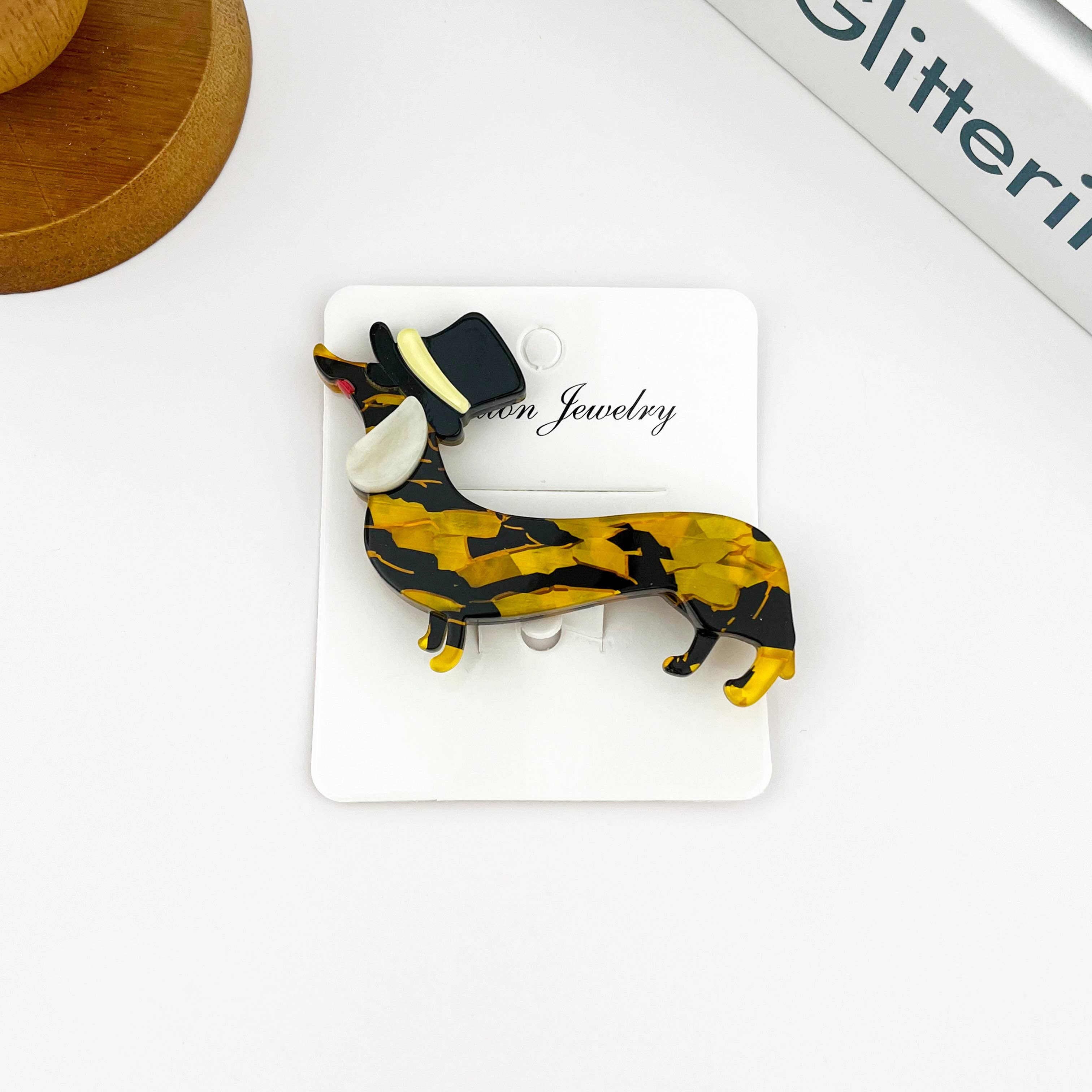 SoapElenGlen - Cute Acetate Dachshund Brooch, Animal Pin Accessory
