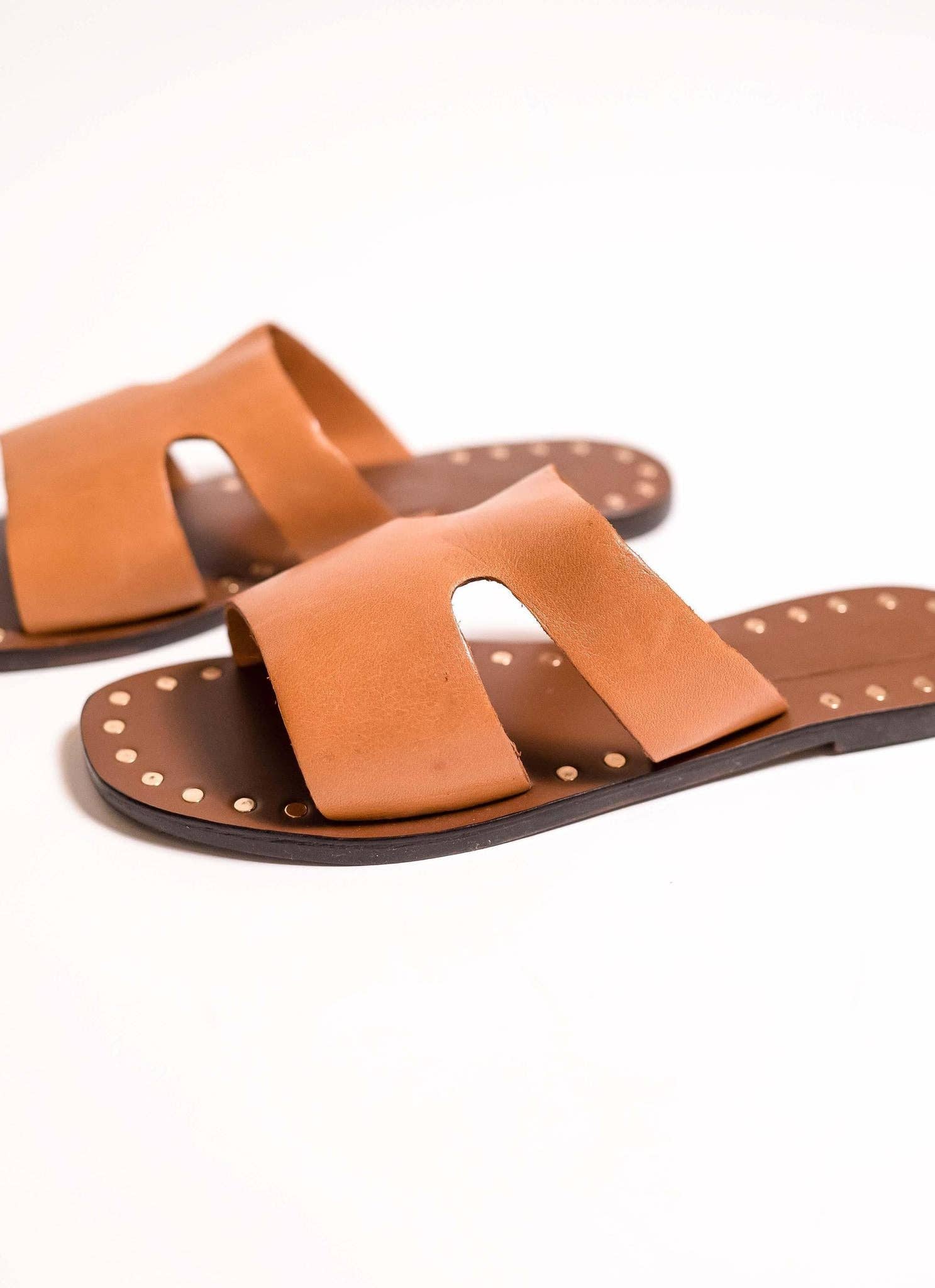 SALT + UMBER - LALA - BROWN upcycled leather sandal  studded square toe