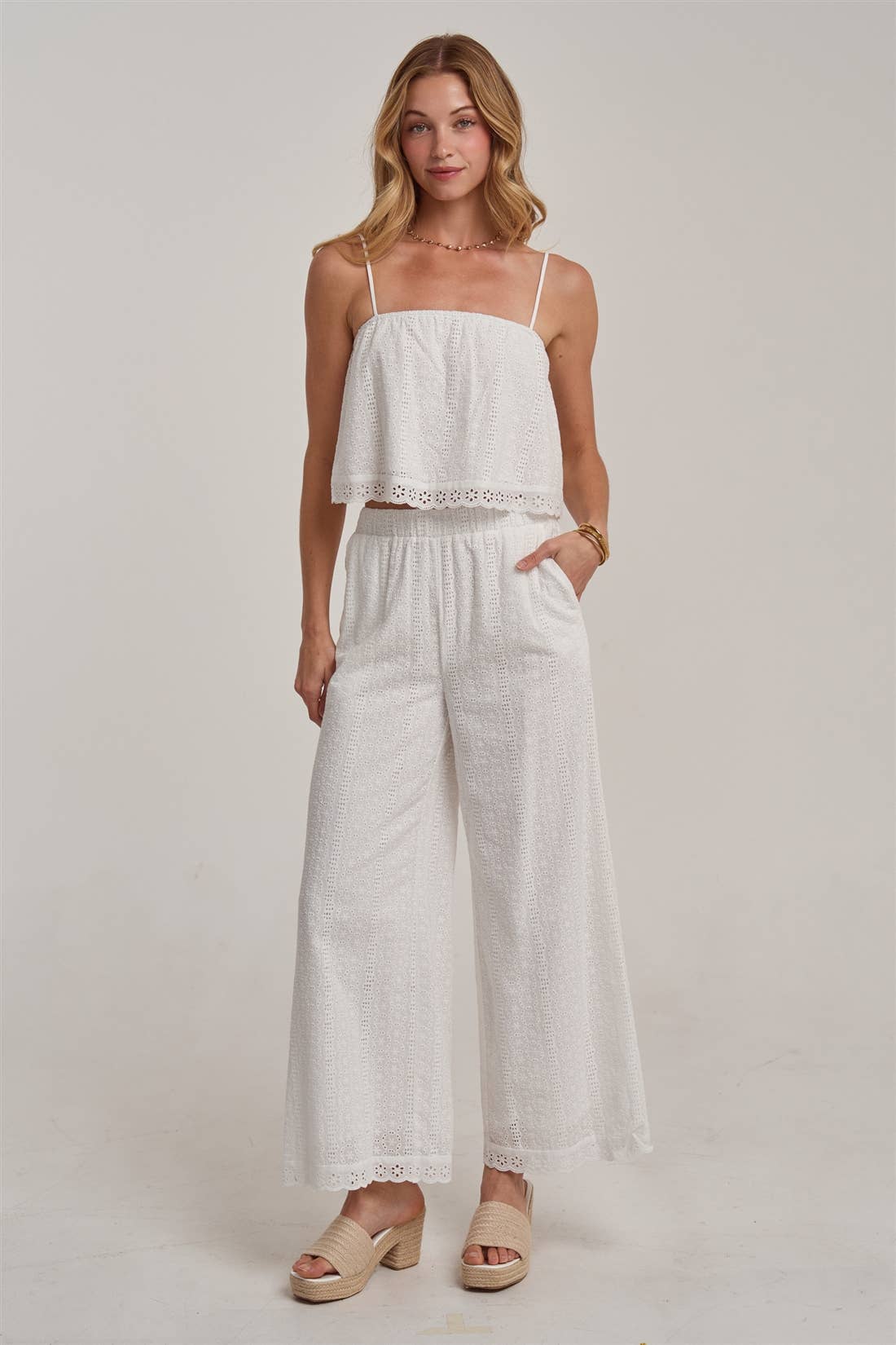 BON - EYELET LACE CROPPED CAMI TOP AND WIDE LEG PANTS SUMMER SET