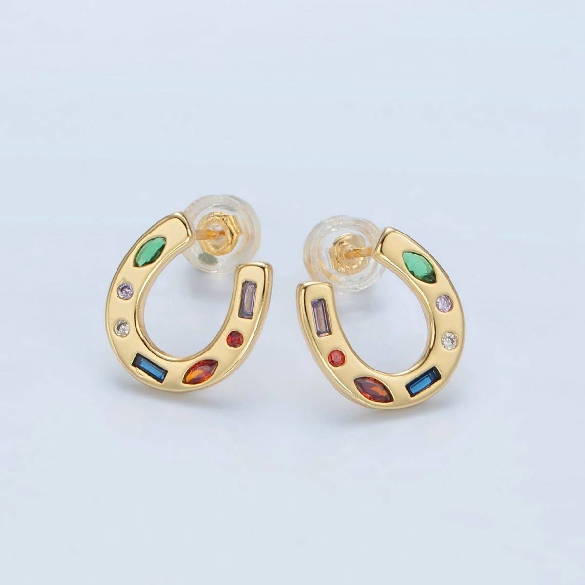 Aim Eternal - 16K Gold Filled Multicolor CZ Horseshoe Stud Earrings | AD604