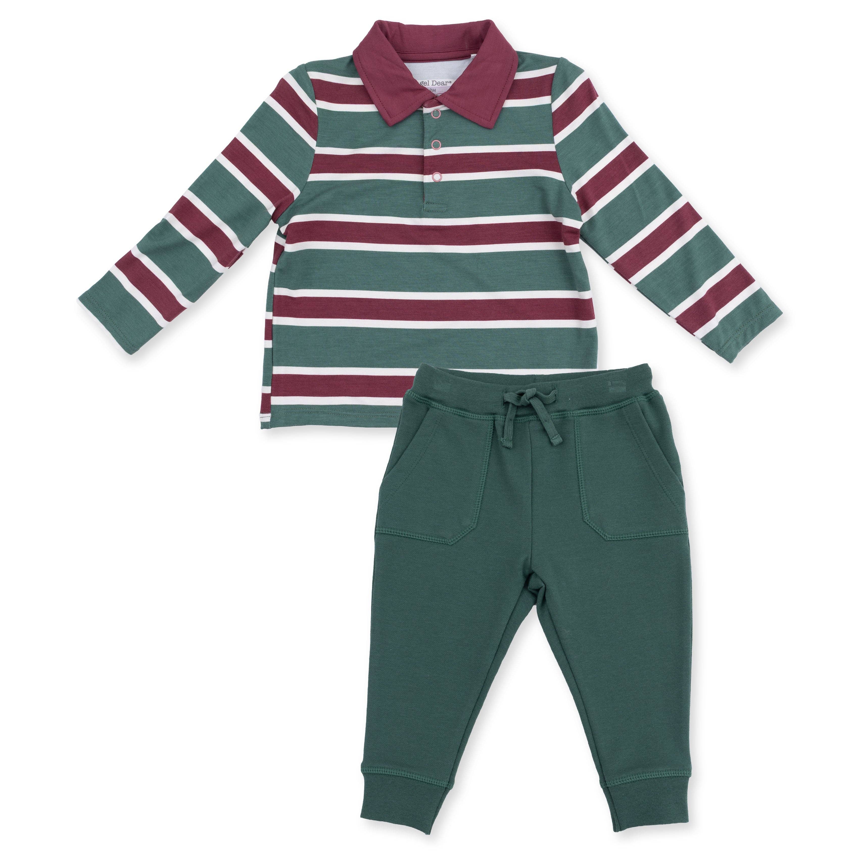 Angel Dear - Rugby Stripe Green - Long Sleeve Polo and Jogger