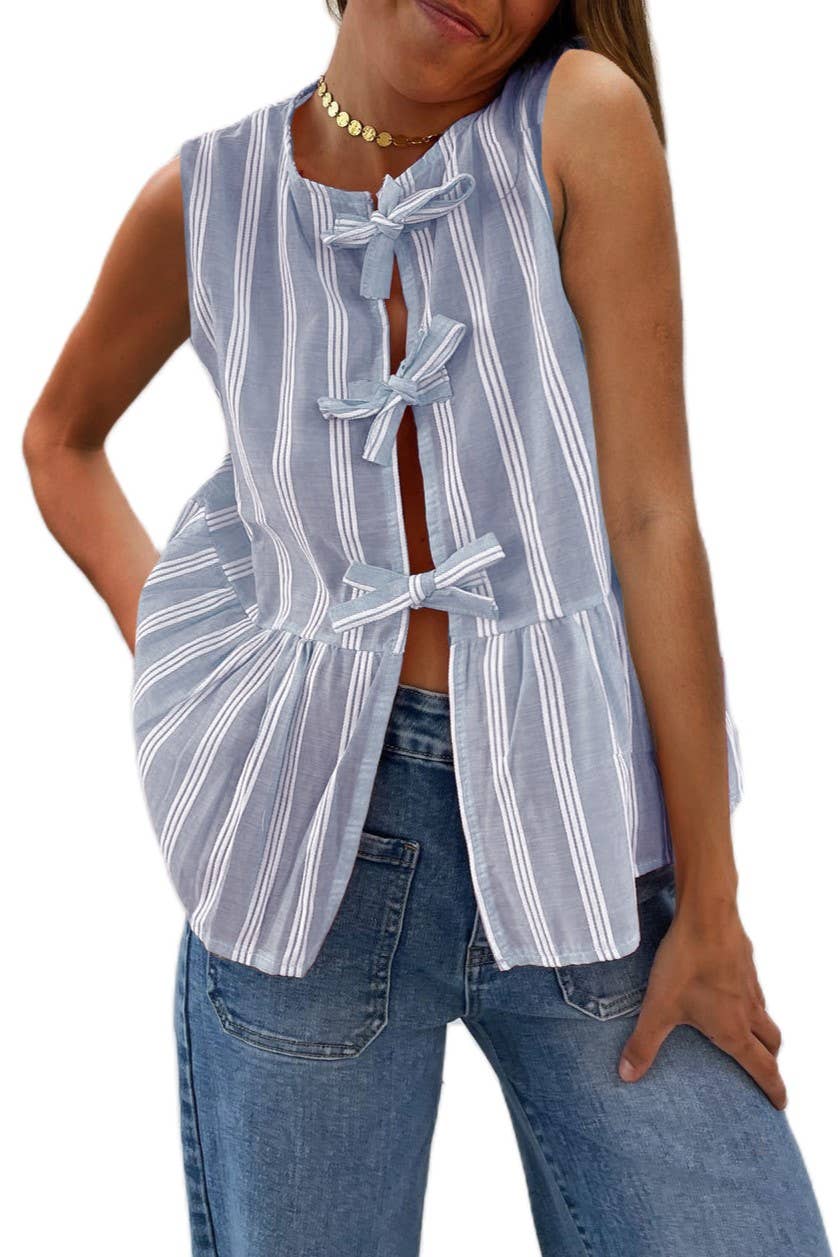 Bow tie front striped sleeveless vest