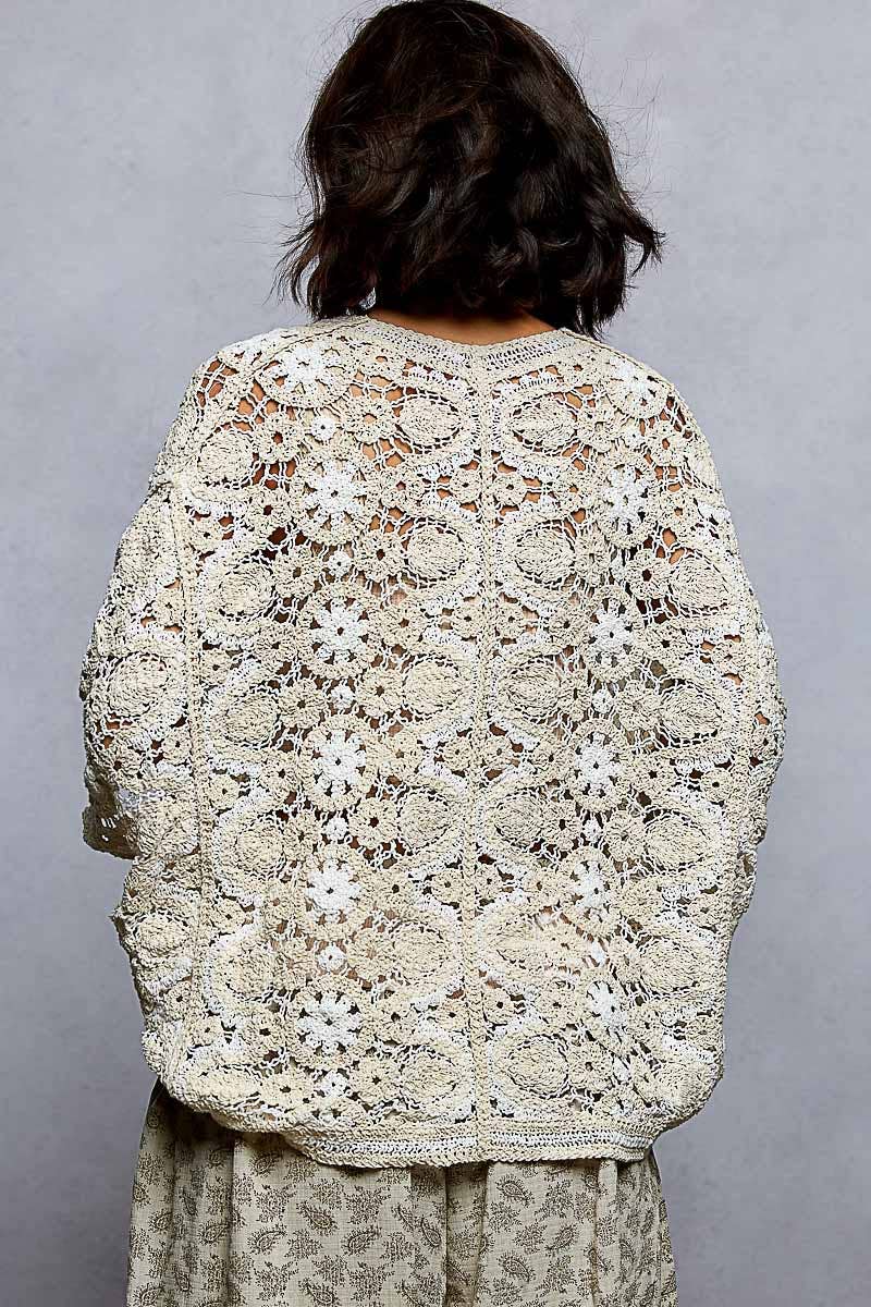 Pol Clothing - V-Neck Button Down Crochet Batwing Sleeve Cardigan Top
