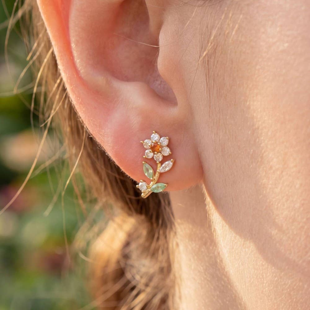 Fame Accessories - Gold Dipped Cz Flower Stud Earrings