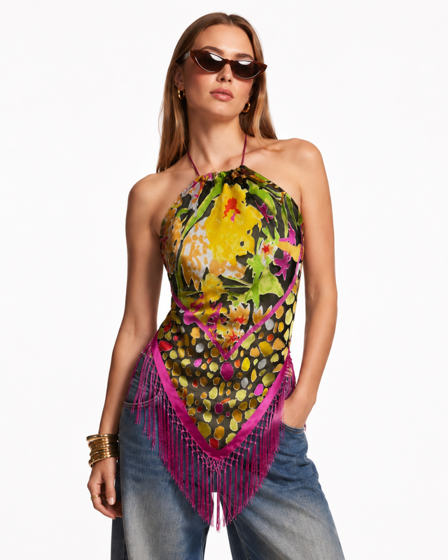 Aris A - Marigold Mosaic Fringe Halter Top