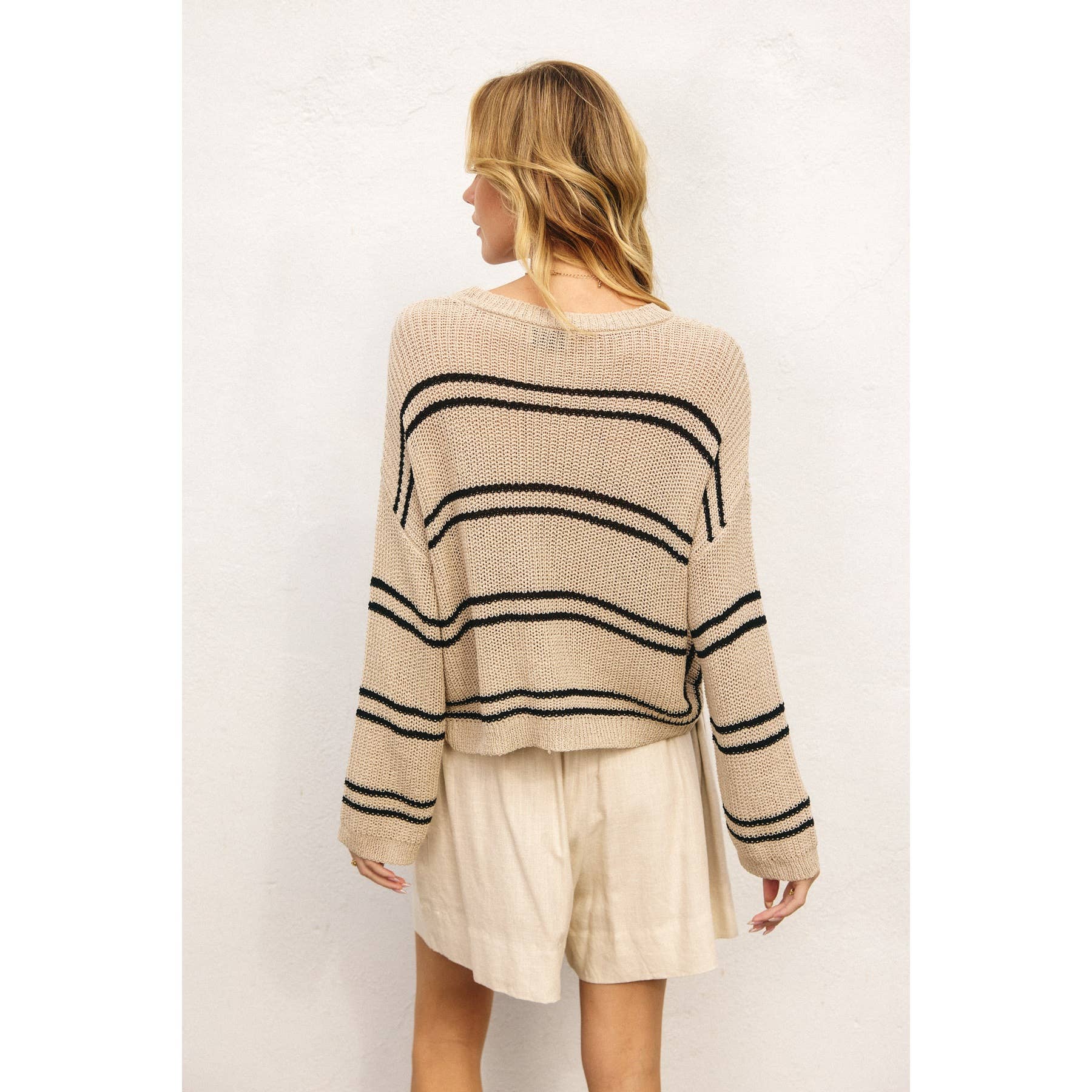 Double Striped Long Sleeve Open Knit Top