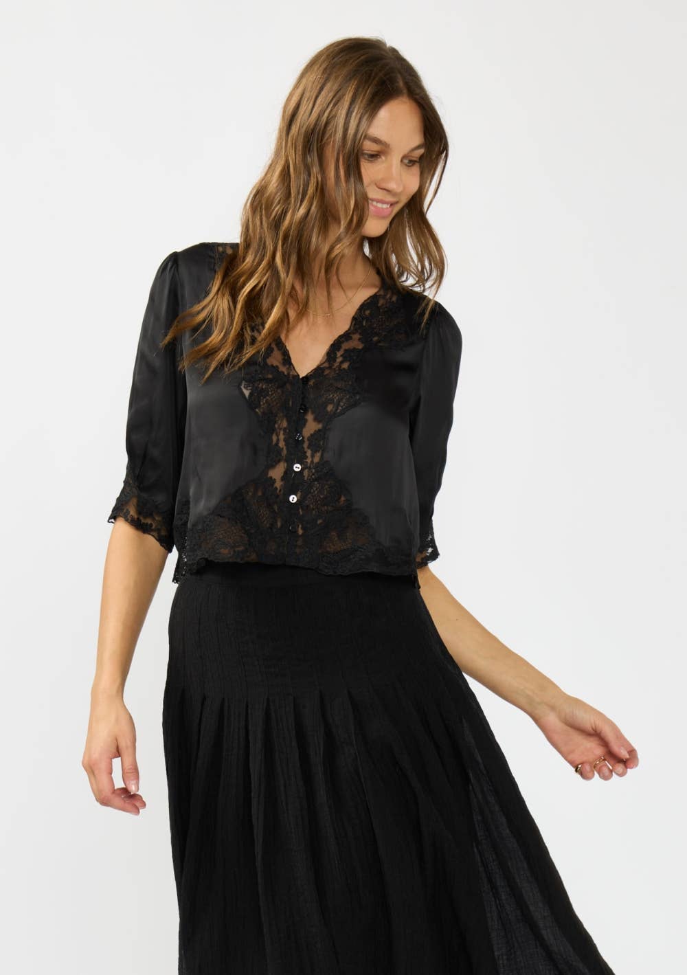 Lovestitch - V-Neck Button Front Blouse with Lace Trim