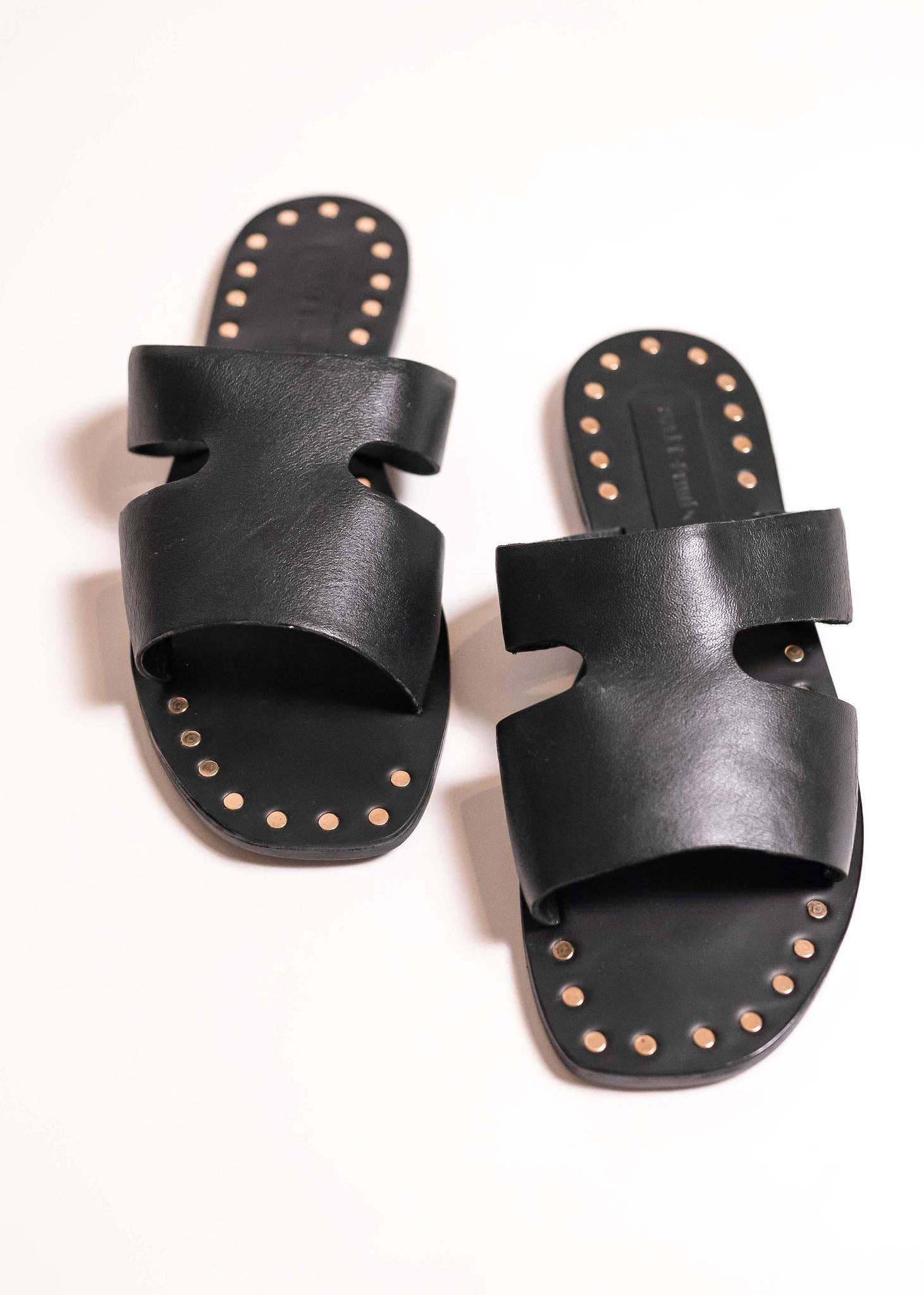 SALT + UMBER - LALA - BLACK upcycled leather sandal  studded square toe